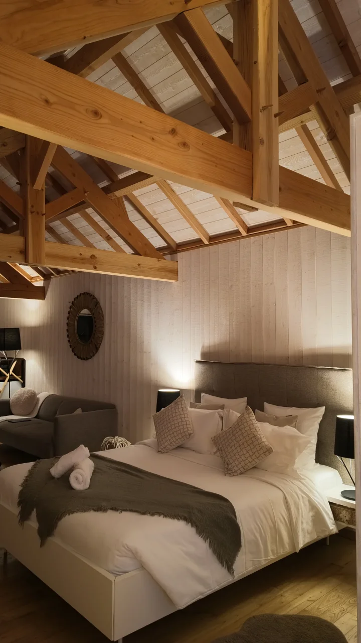 Chambre chaleureuse sous charpente apparente en bois