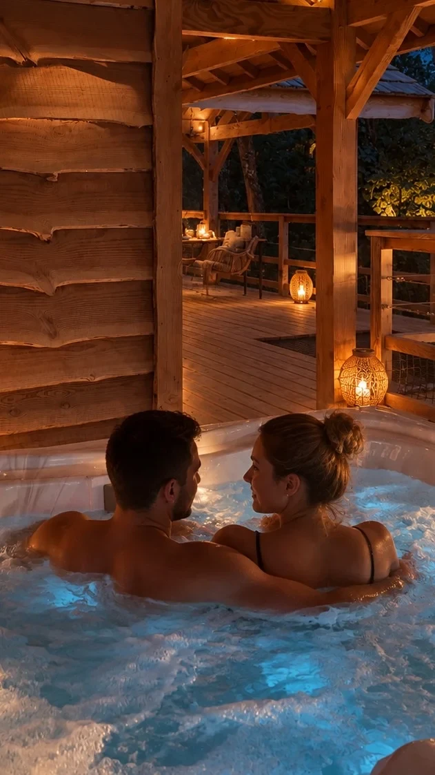 Couple dans un jacuzzi sur une terrasse en bois