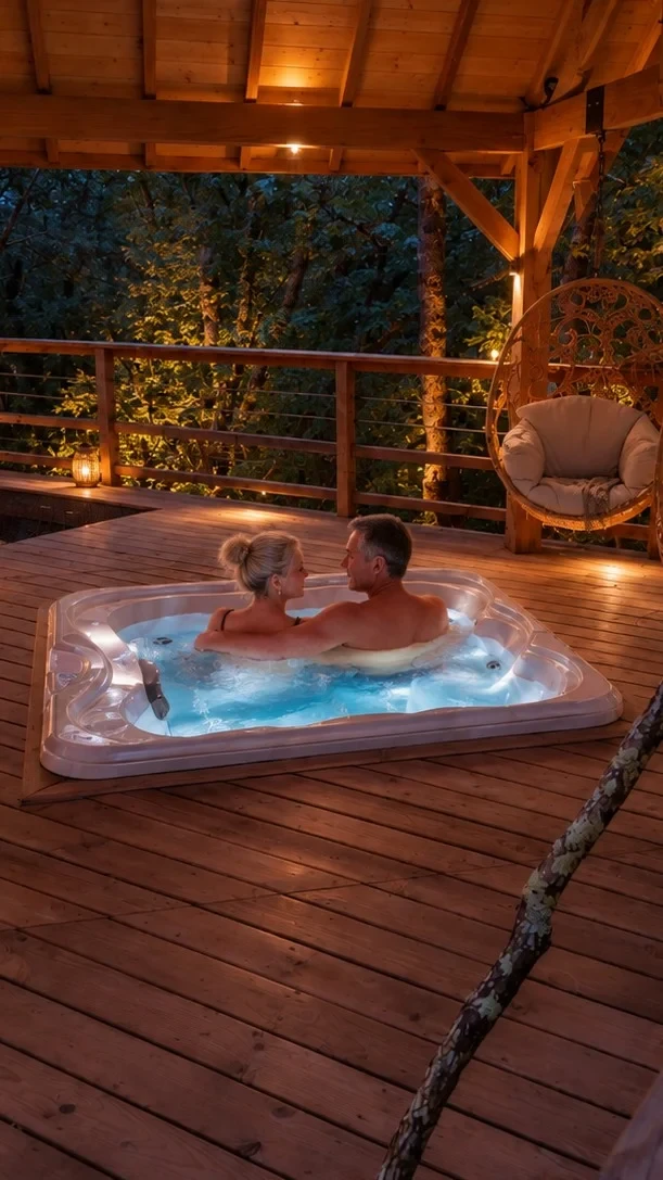 Couple dans un jacuzzi sur terrasse boisée illuminée