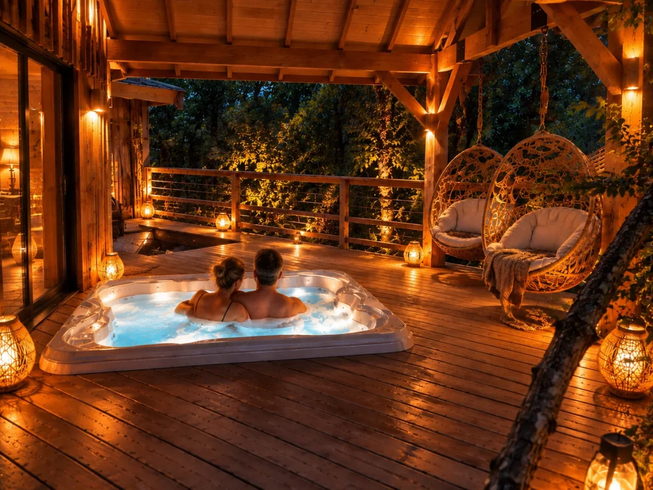 Couple dans un jacuzzi sur terrasse en bois éclairée